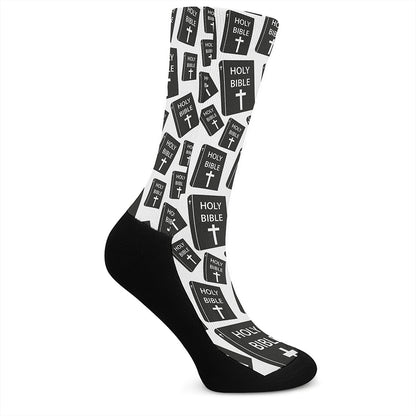 Black And White Holy Bible Pattern Print Crew Socks