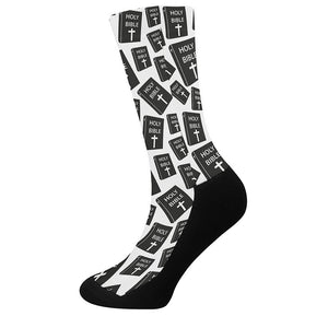 Black And White Holy Bible Pattern Print Crew Socks