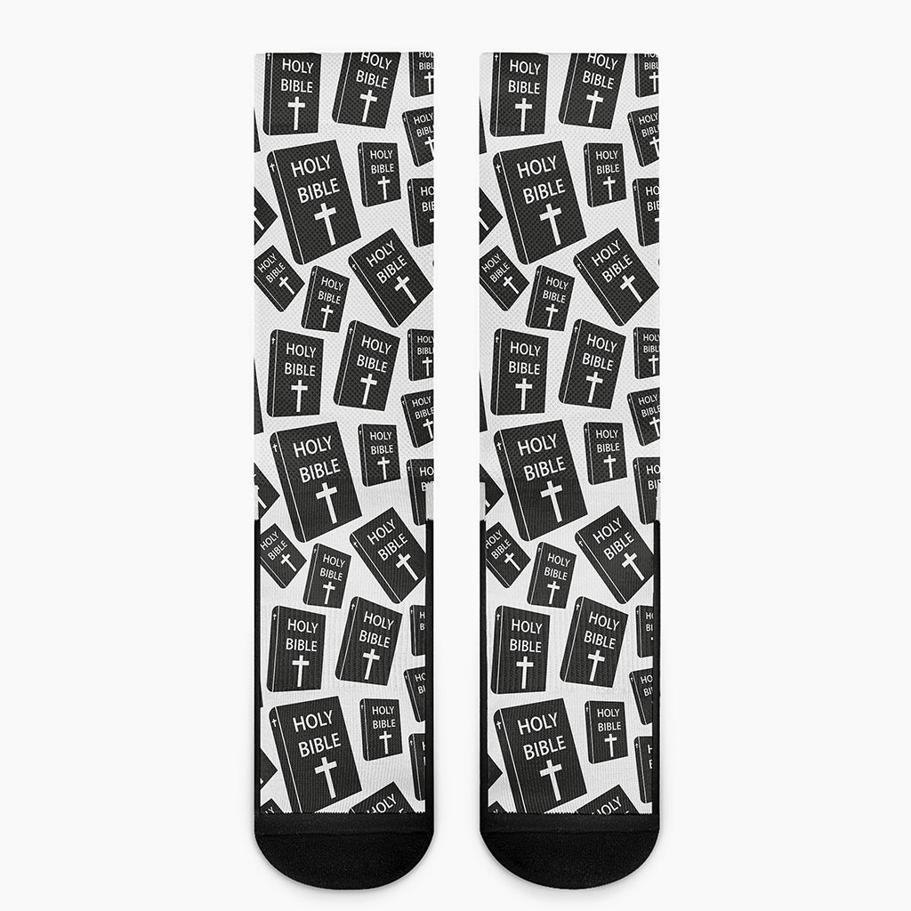 Black And White Holy Bible Pattern Print Crew Socks