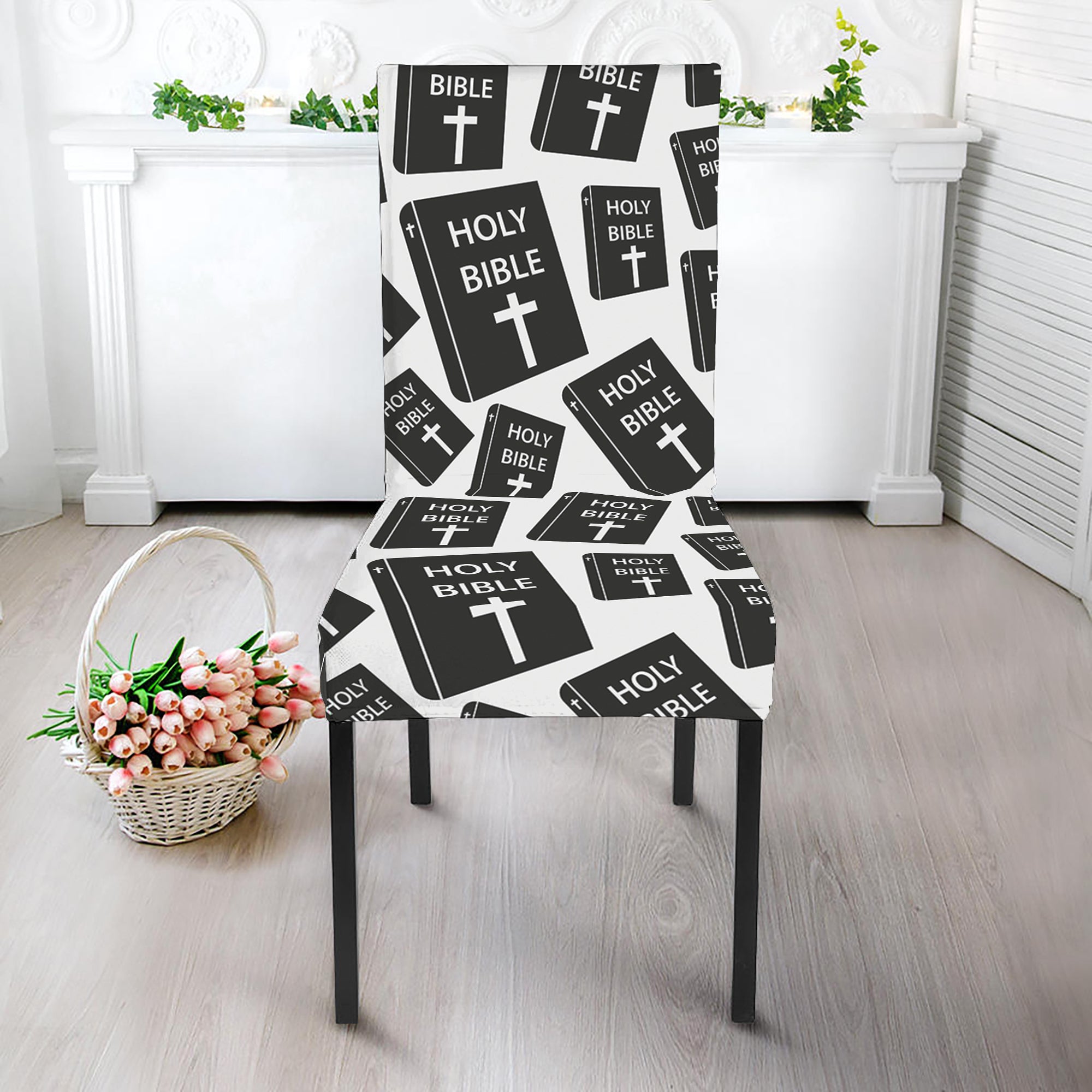 Black And White Holy Bible Pattern Print Dining Chair Slipcover