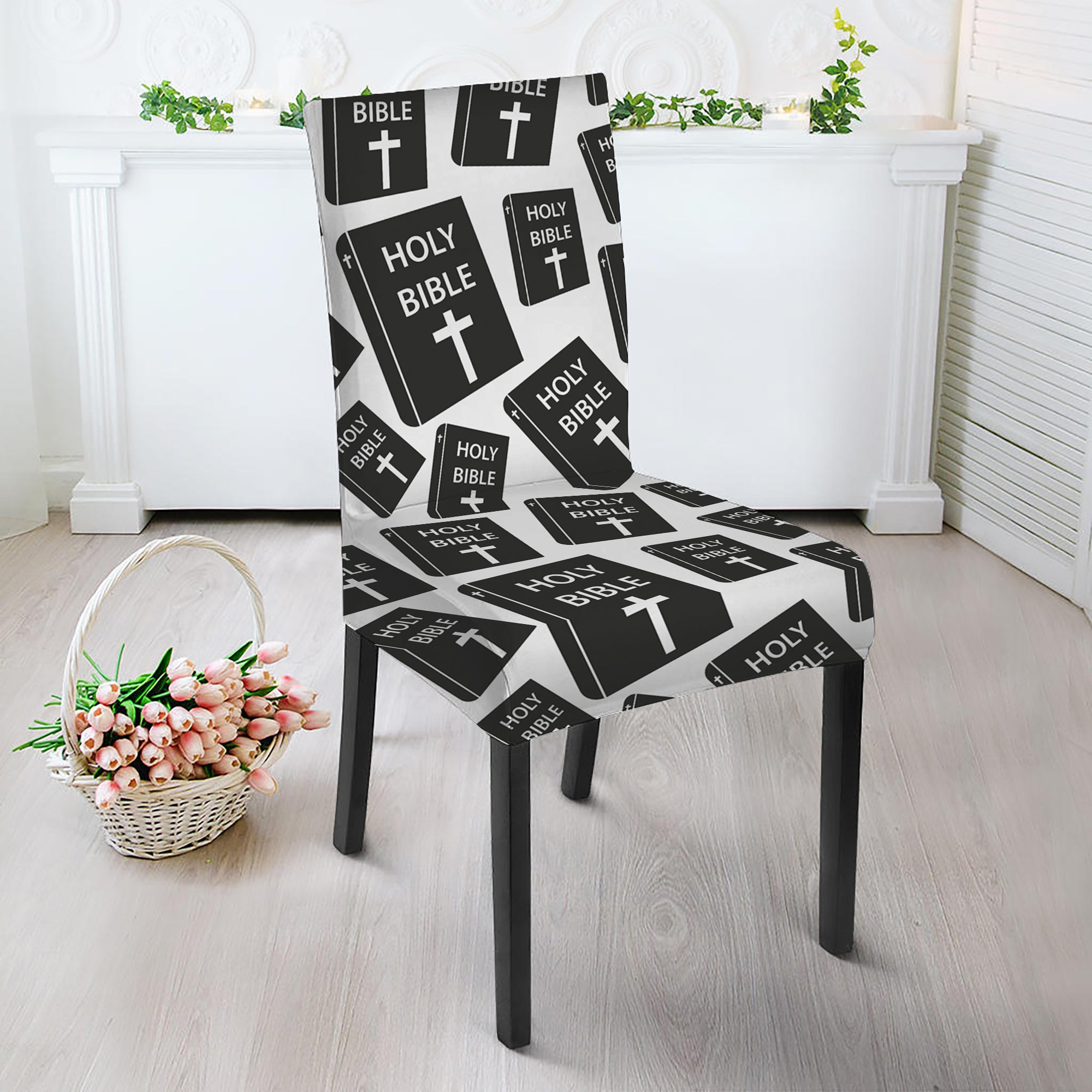 Black And White Holy Bible Pattern Print Dining Chair Slipcover