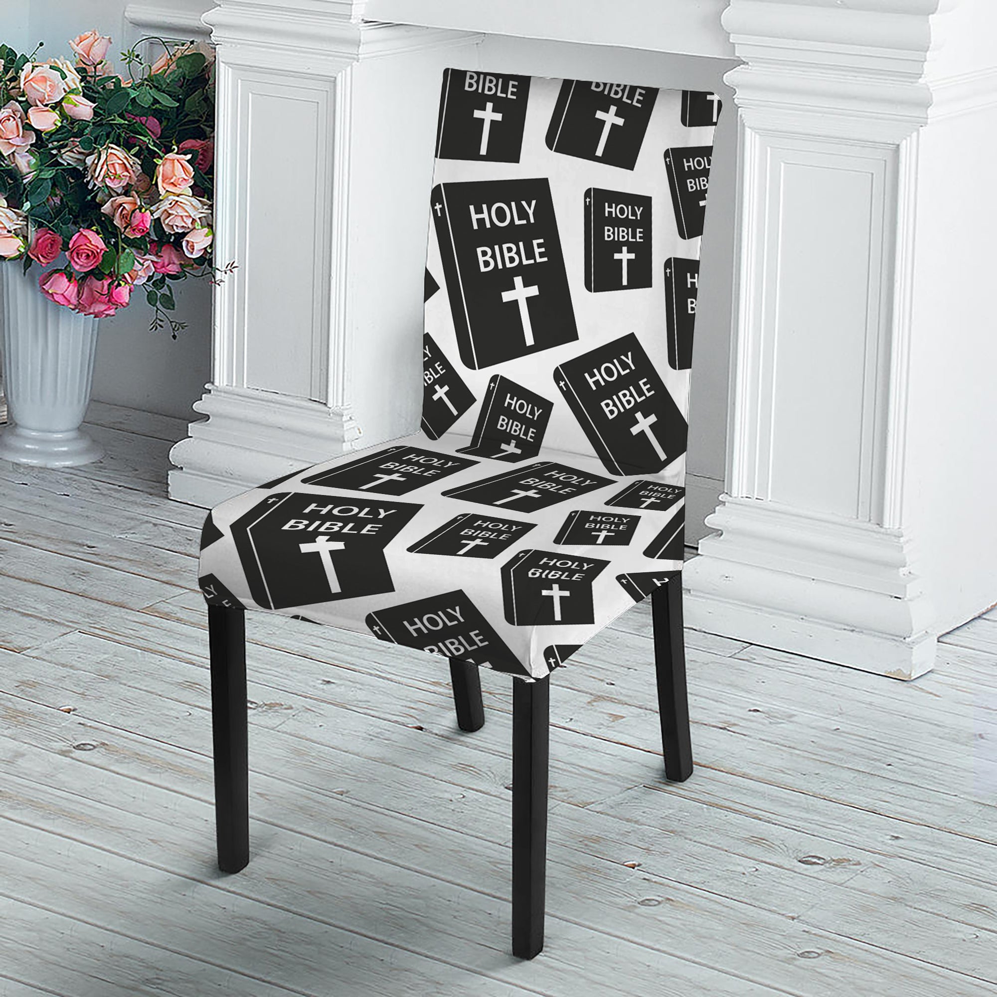 Black And White Holy Bible Pattern Print Dining Chair Slipcover