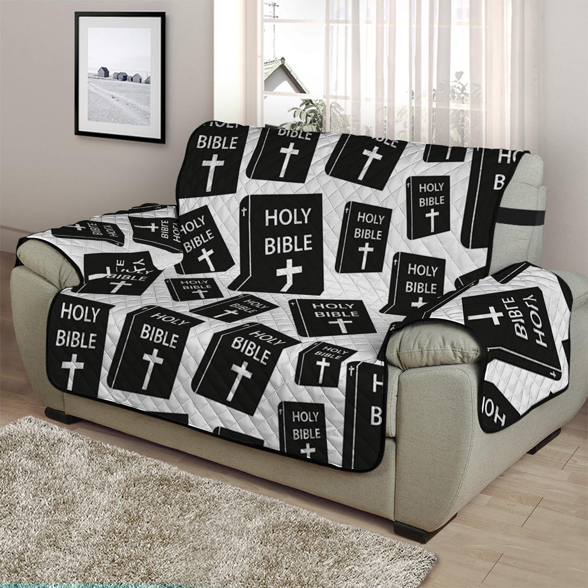 Black And White Holy Bible Pattern Print Half Sofa Protector