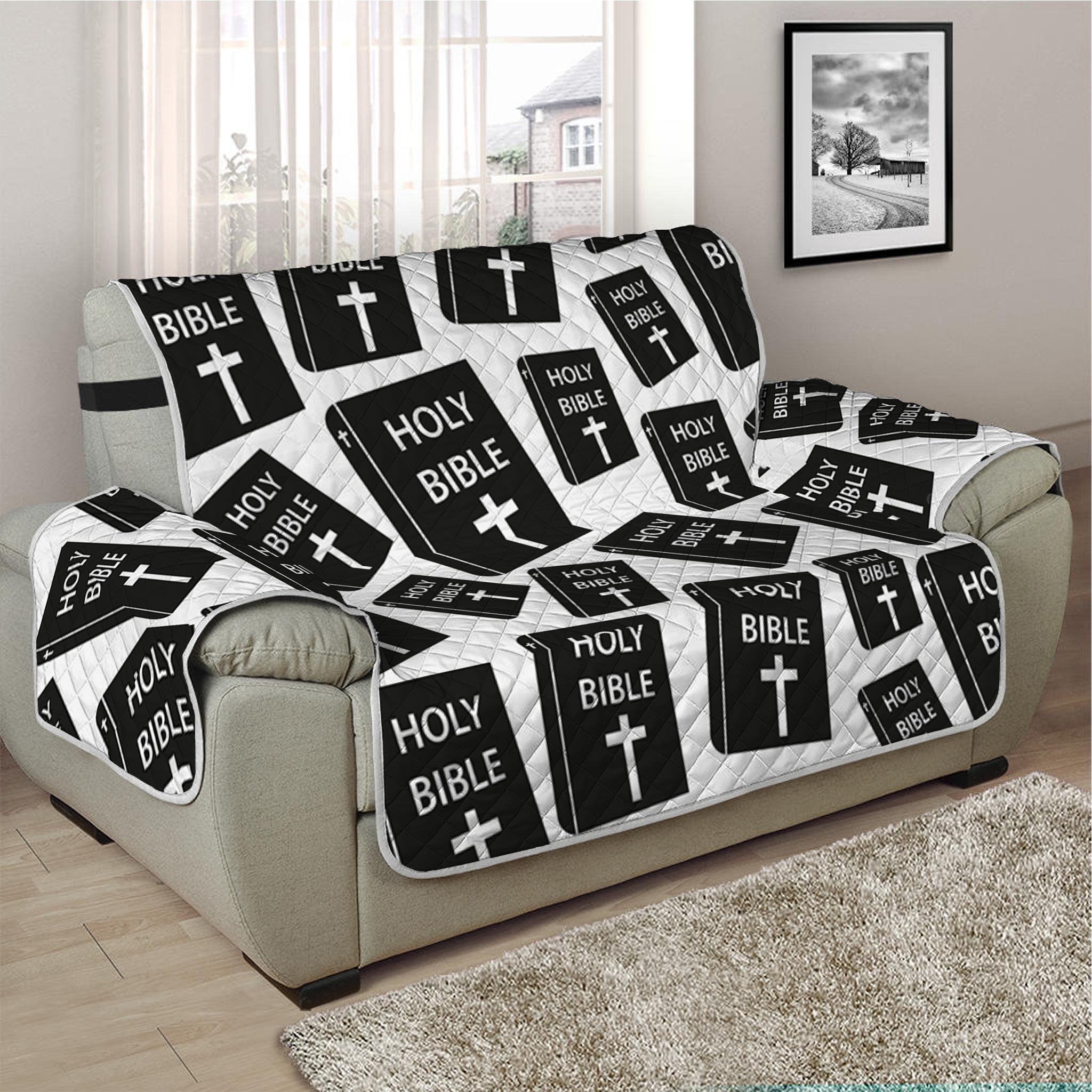 Black And White Holy Bible Pattern Print Half Sofa Protector