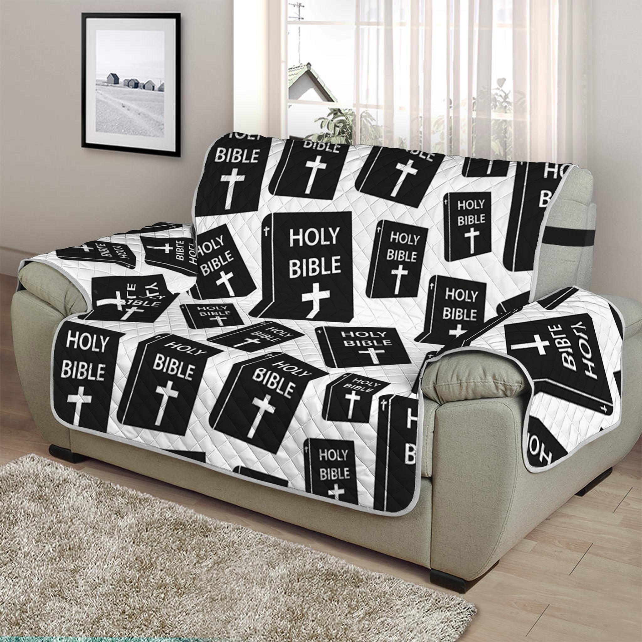 Black And White Holy Bible Pattern Print Half Sofa Protector