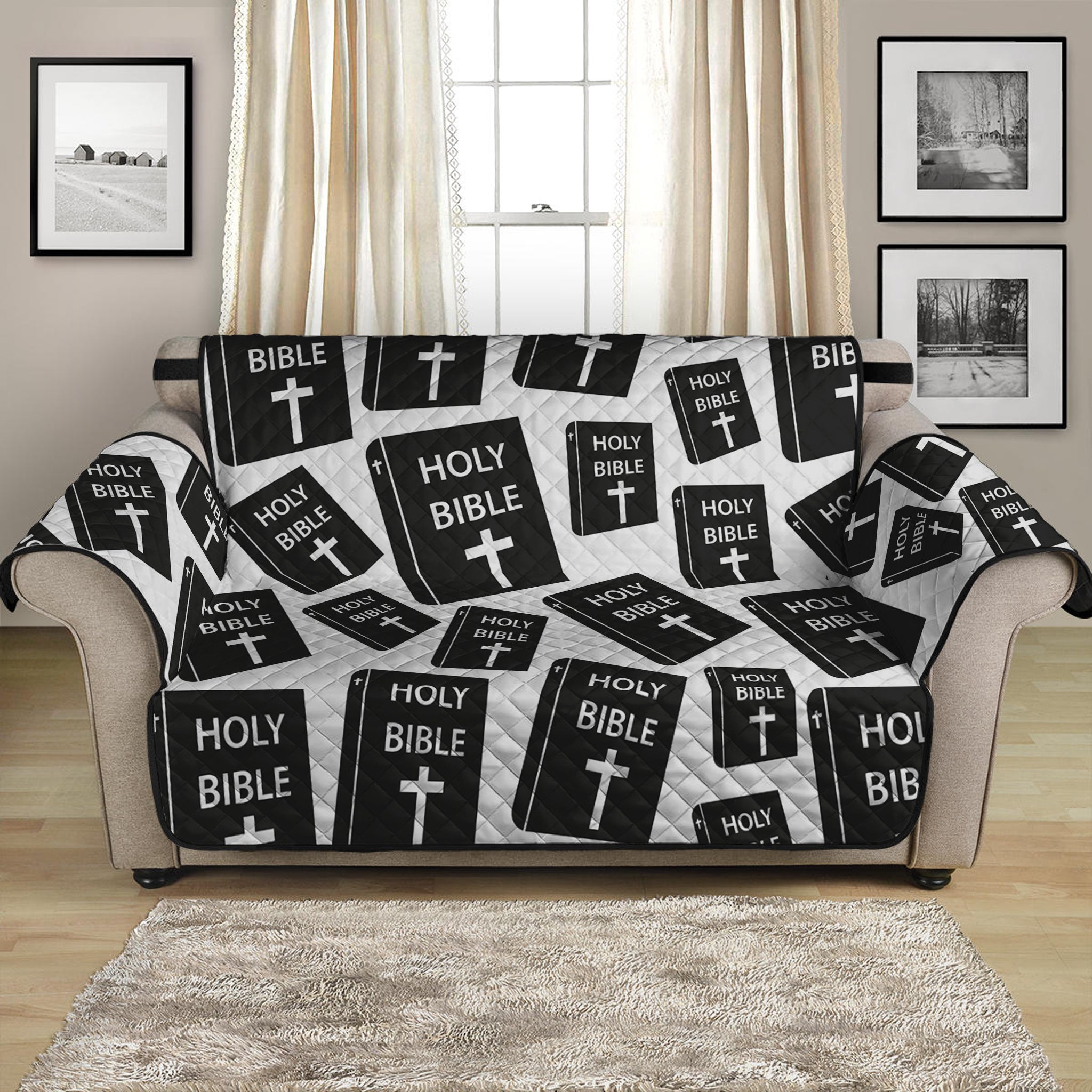 Black And White Holy Bible Pattern Print Loveseat Protector