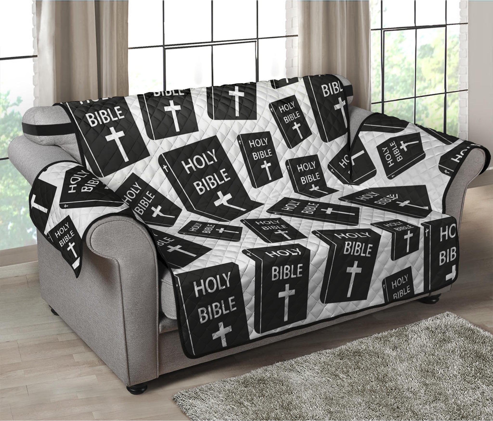 Black And White Holy Bible Pattern Print Loveseat Protector