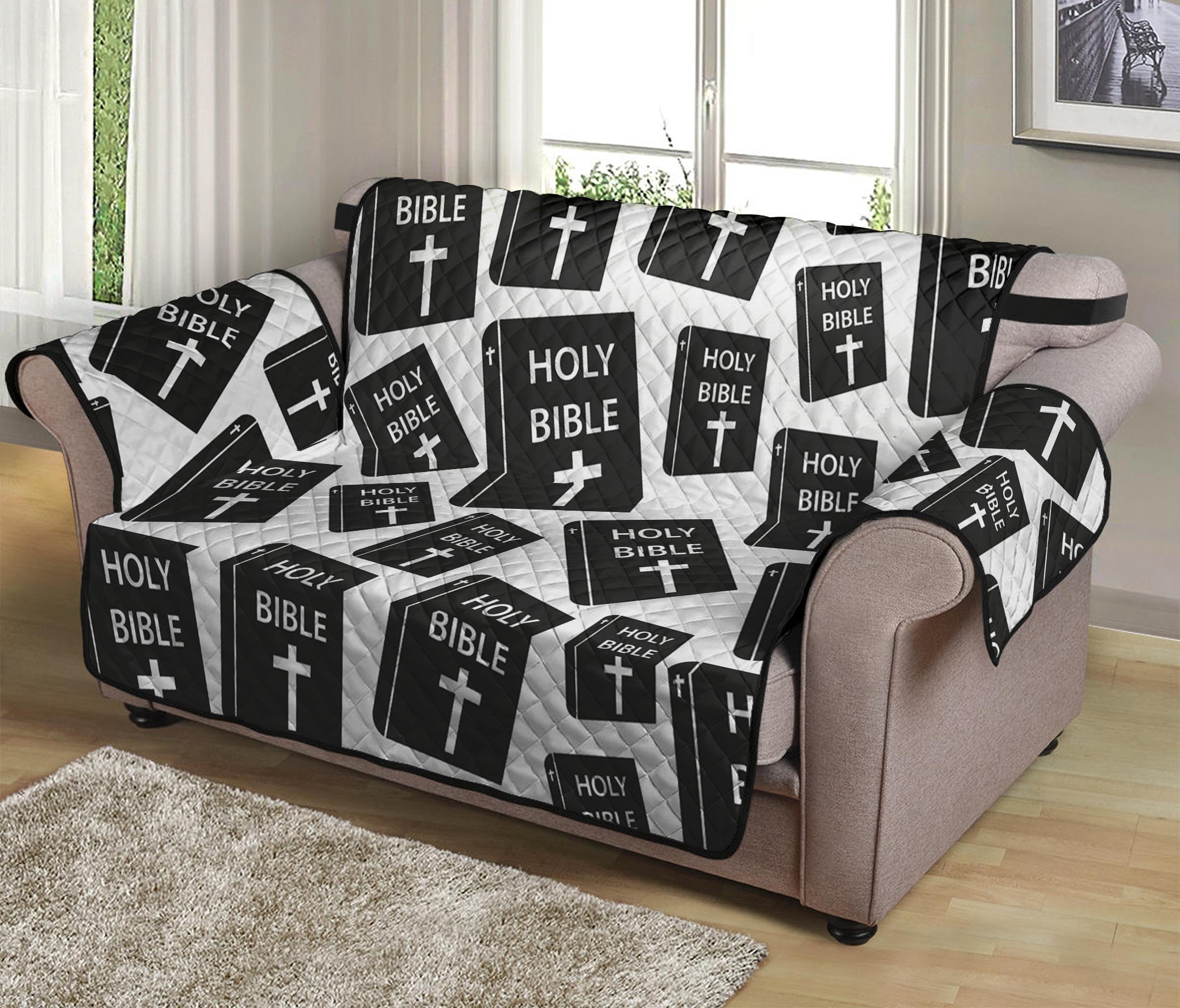 Black And White Holy Bible Pattern Print Loveseat Protector