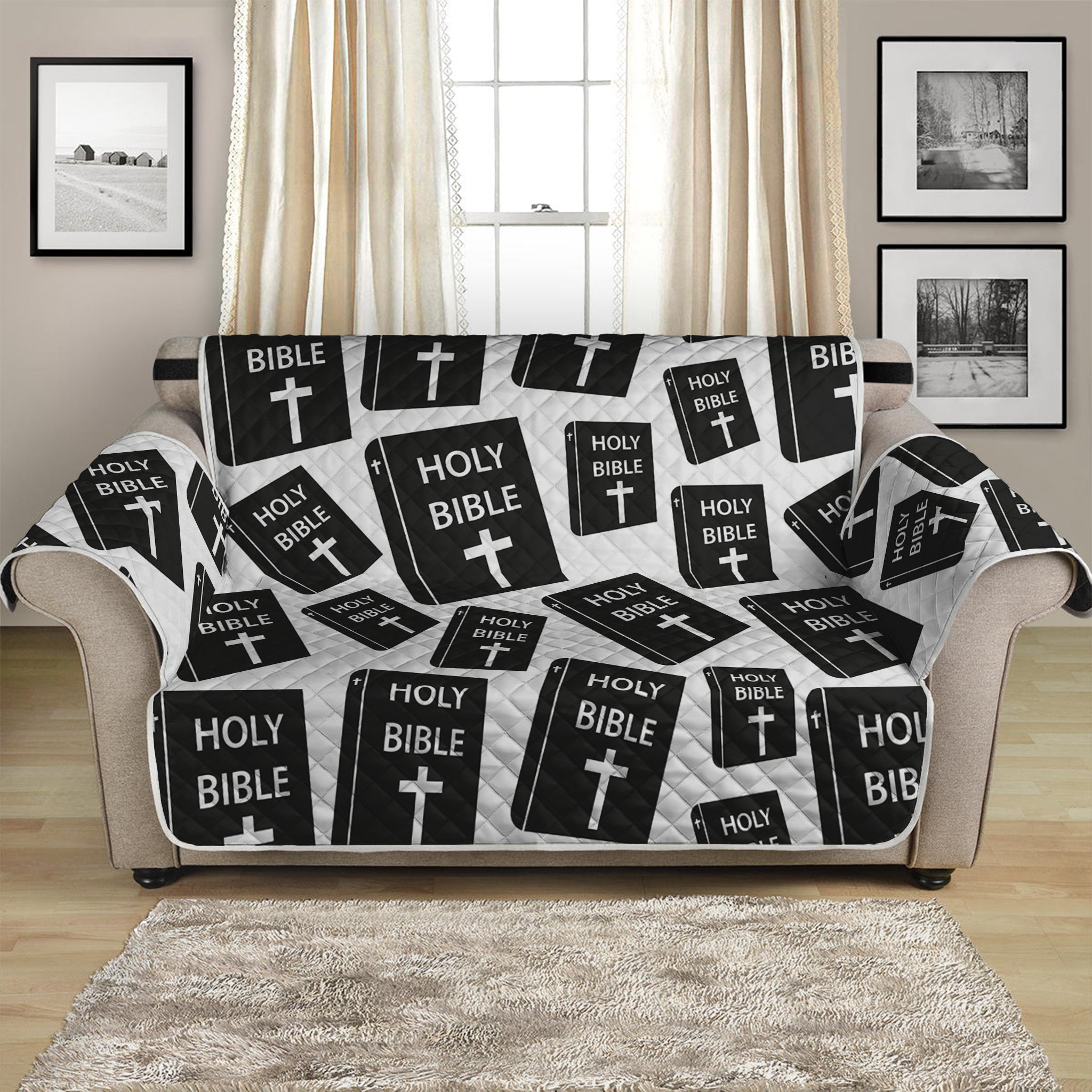 Black And White Holy Bible Pattern Print Loveseat Protector