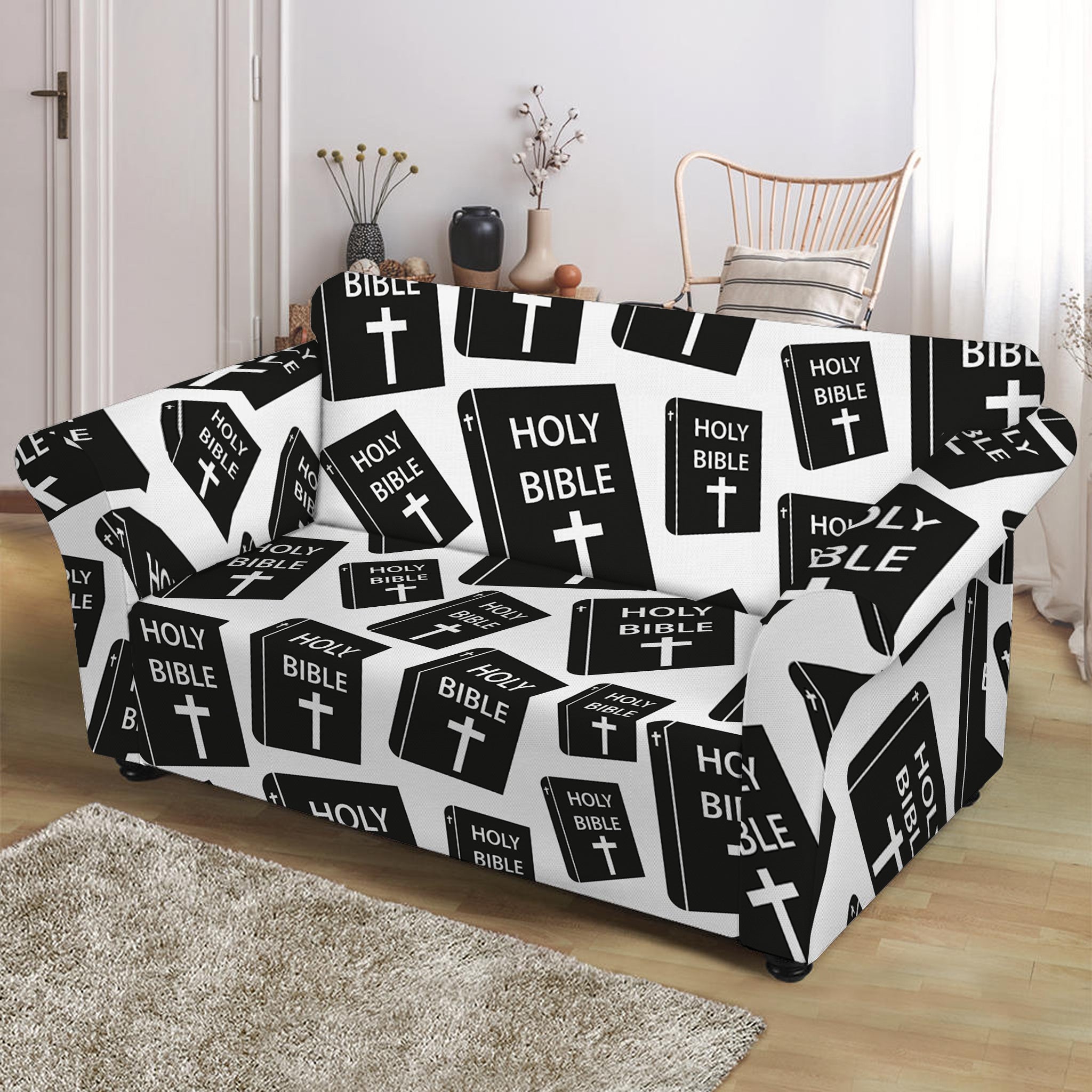 Black And White Holy Bible Pattern Print Loveseat Slipcover