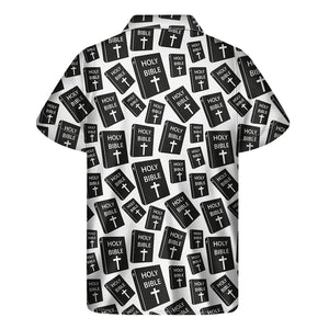 Black And White Holy Bible Pattern Print Men's Short Sleeve Shirt