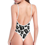 Black And White Holy Bible Pattern Print One Piece High Cut Swimsuit