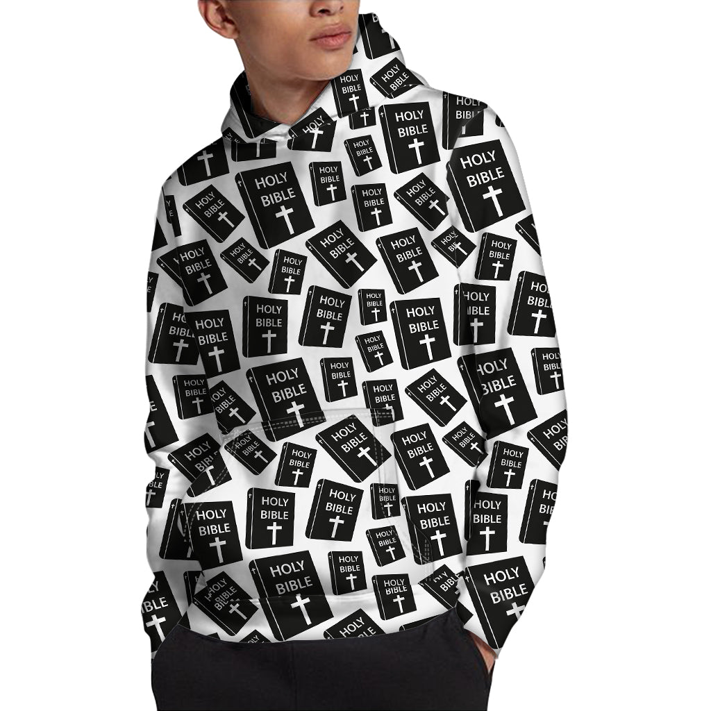 Black And White Holy Bible Pattern Print Pullover Hoodie