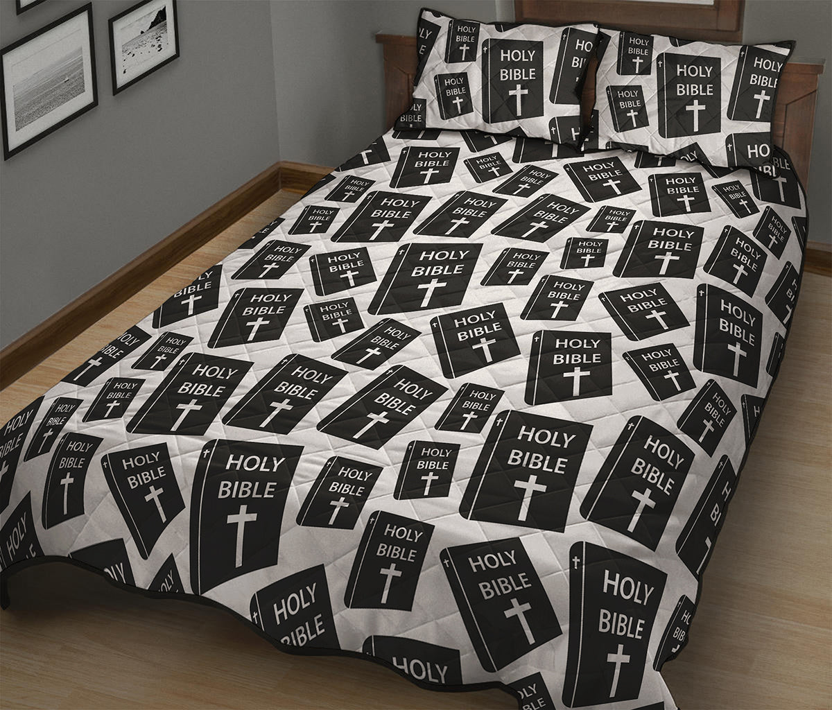 Black And White Holy Bible Pattern Print Quilt Bed Set