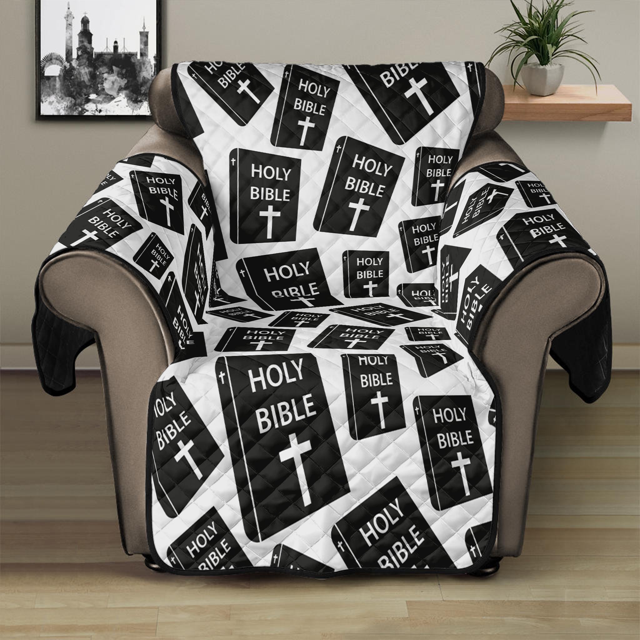 Black And White Holy Bible Pattern Print Recliner Protector