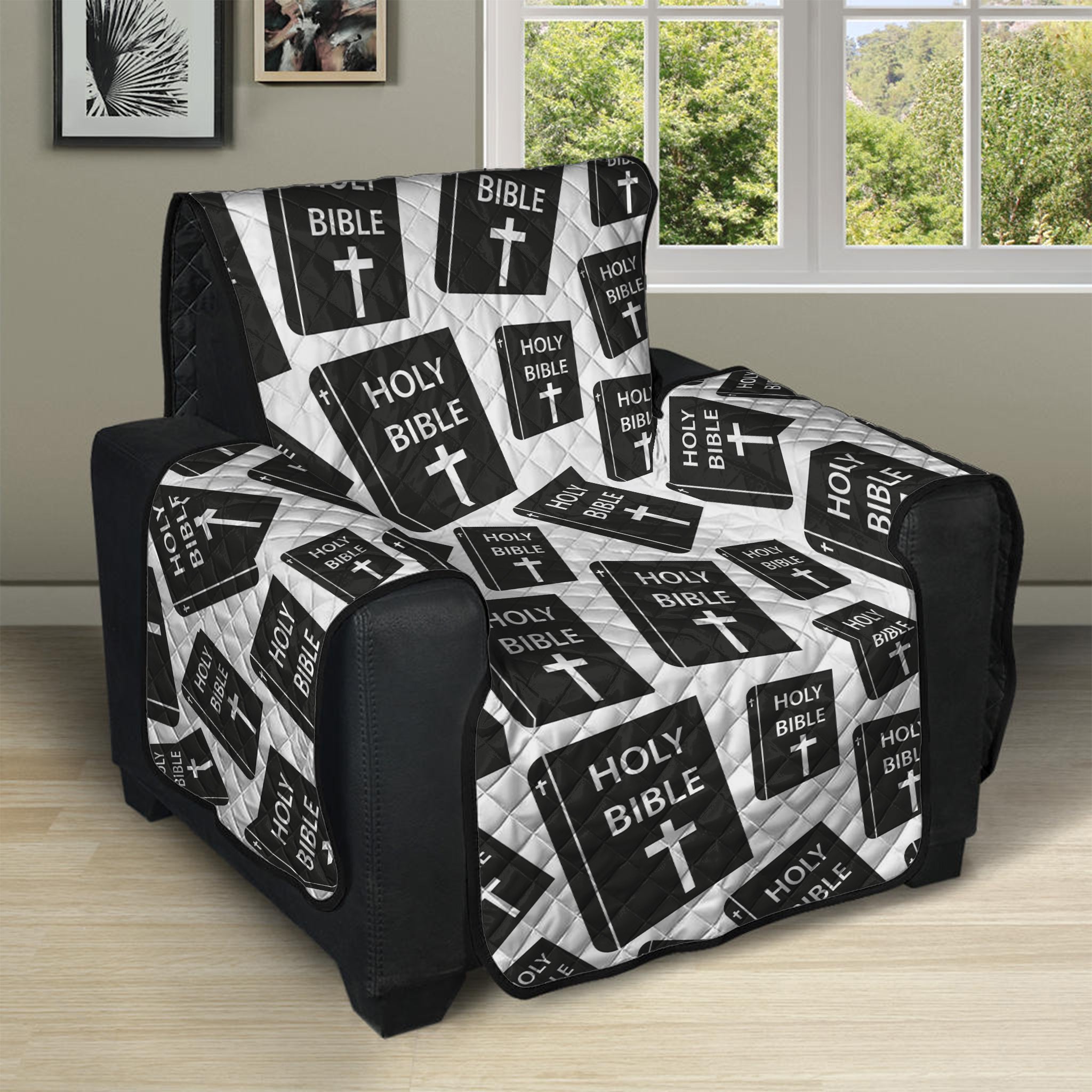 Black And White Holy Bible Pattern Print Recliner Protector