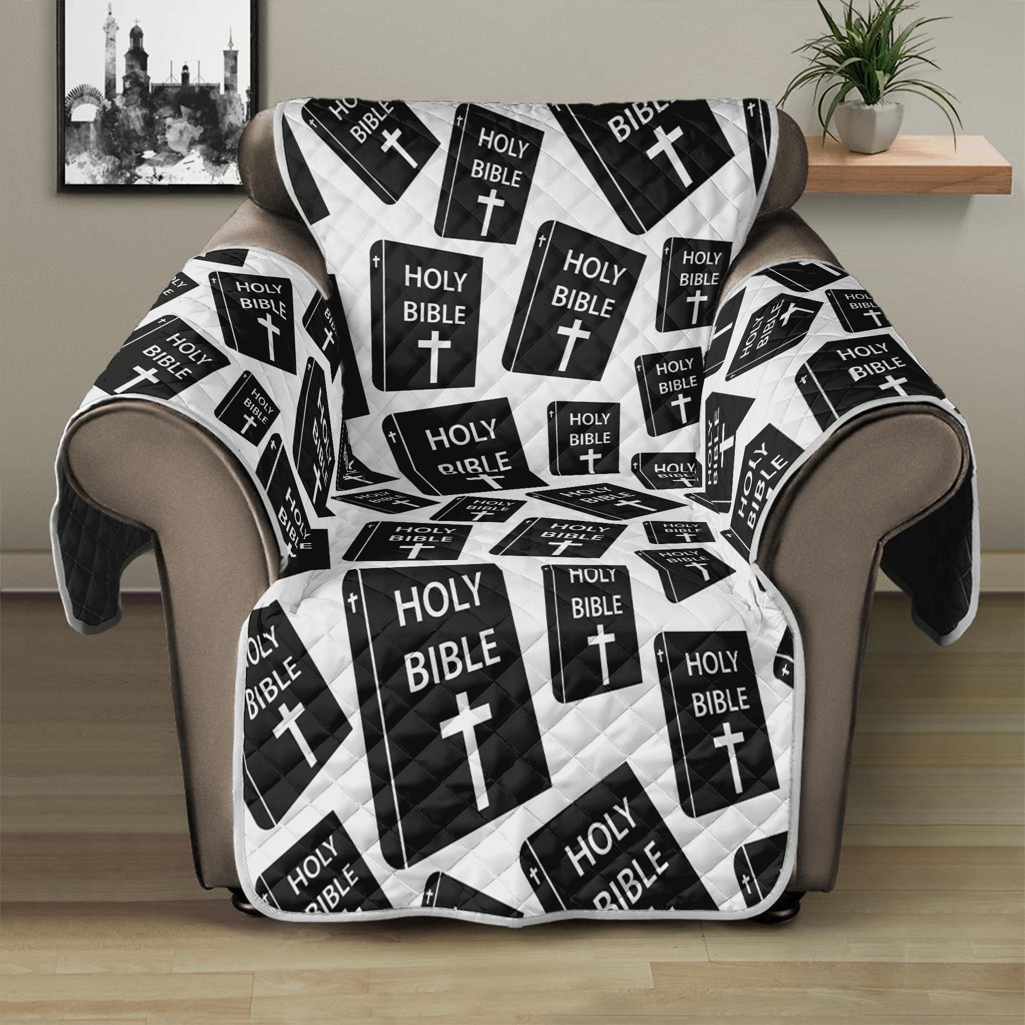 Black And White Holy Bible Pattern Print Recliner Protector