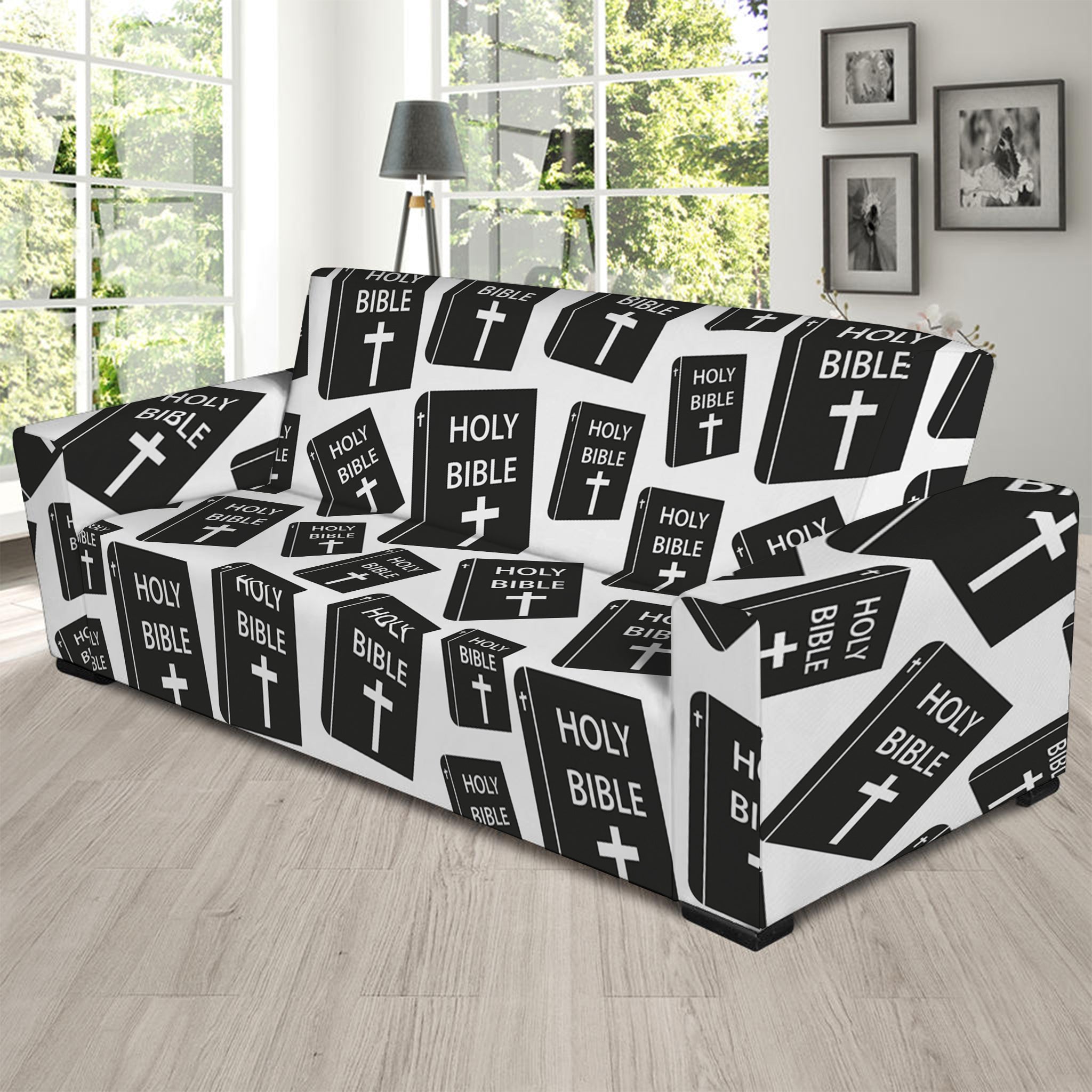 Black And White Holy Bible Pattern Print Sofa Slipcover