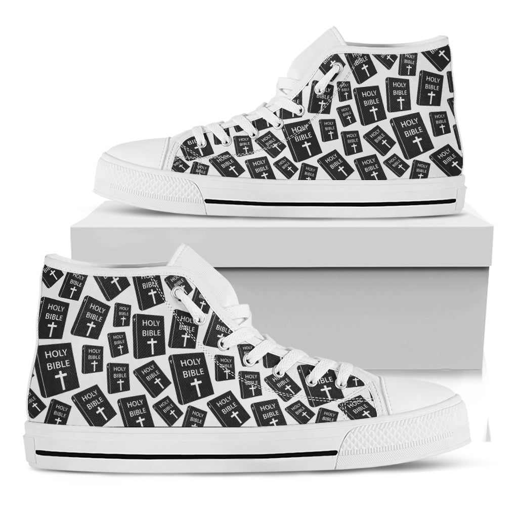 Black And White Holy Bible Pattern Print White High Top Shoes