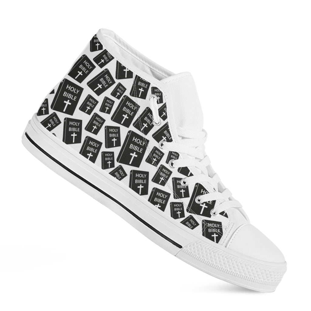 Black And White Holy Bible Pattern Print White High Top Shoes