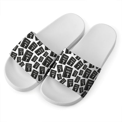 Black And White Holy Bible Pattern Print White Slide Sandals