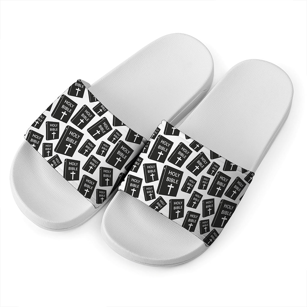 Black And White Holy Bible Pattern Print White Slide Sandals