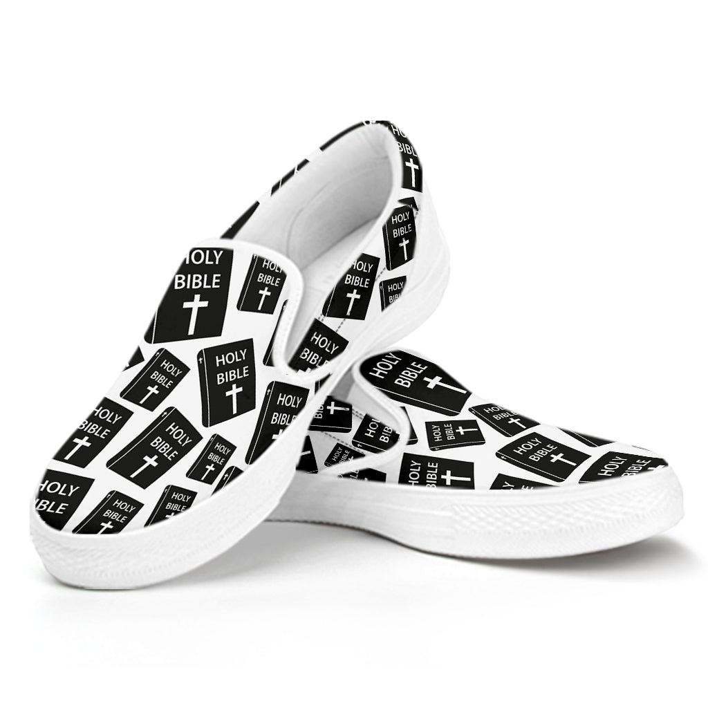Black And White Holy Bible Pattern Print White Slip On Shoes