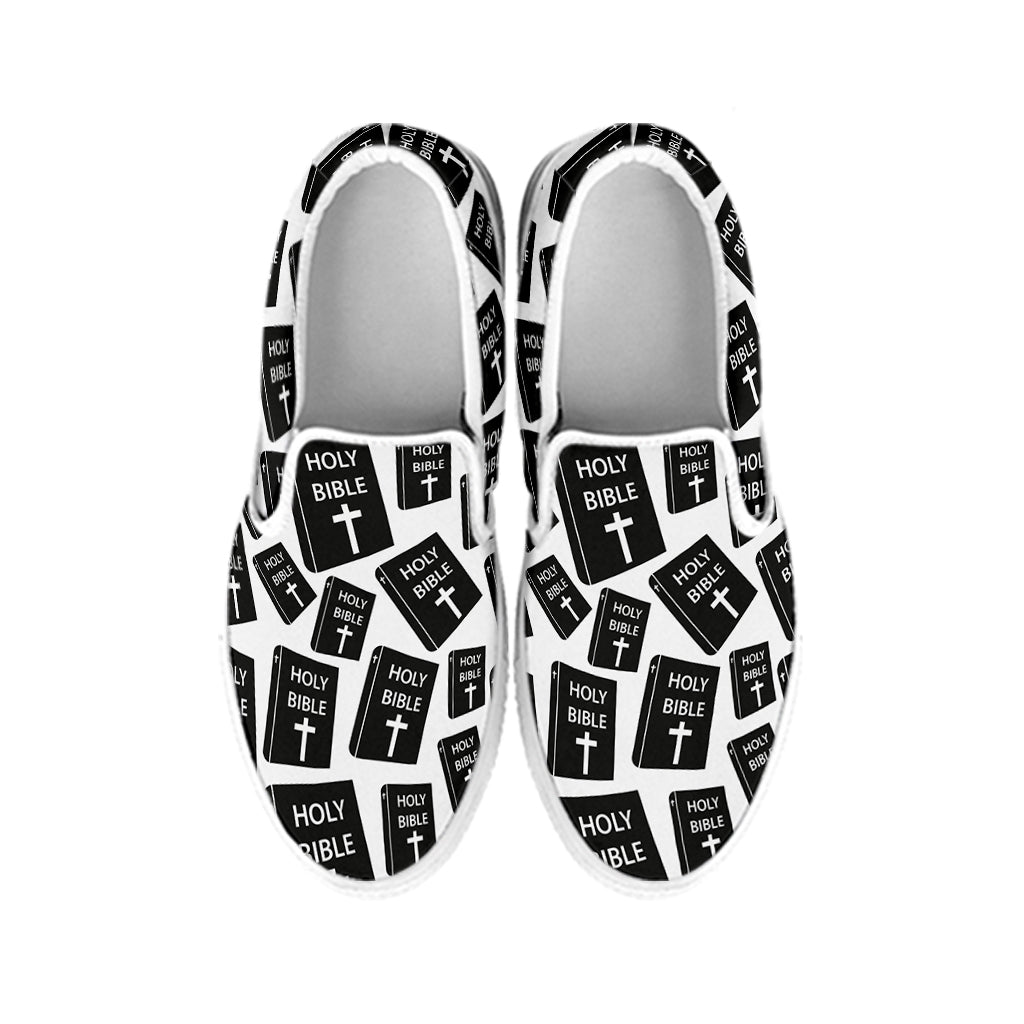 Black And White Holy Bible Pattern Print White Slip On Shoes
