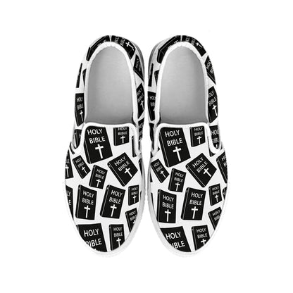 Black And White Holy Bible Pattern Print White Slip On Shoes