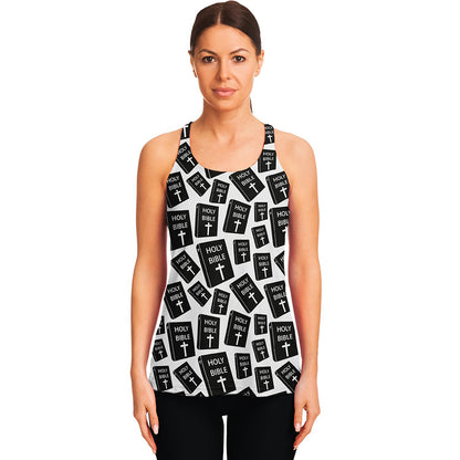 Black And White Holy Bible Pattern Print Women's Racerback Tank Top