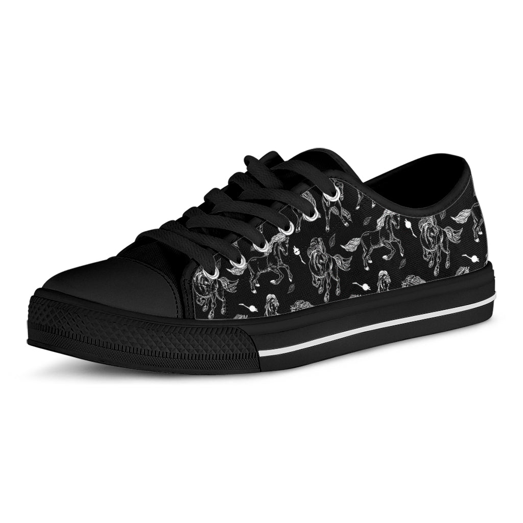Black And White Horse Pattern Print Black Low Top Shoes