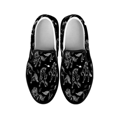 Black And White Horse Pattern Print Black Slip On Shoes