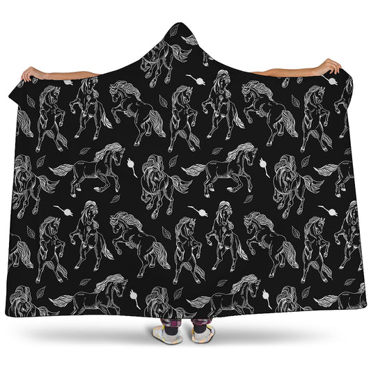 Black And White Horse Pattern Print Hooded Blanket