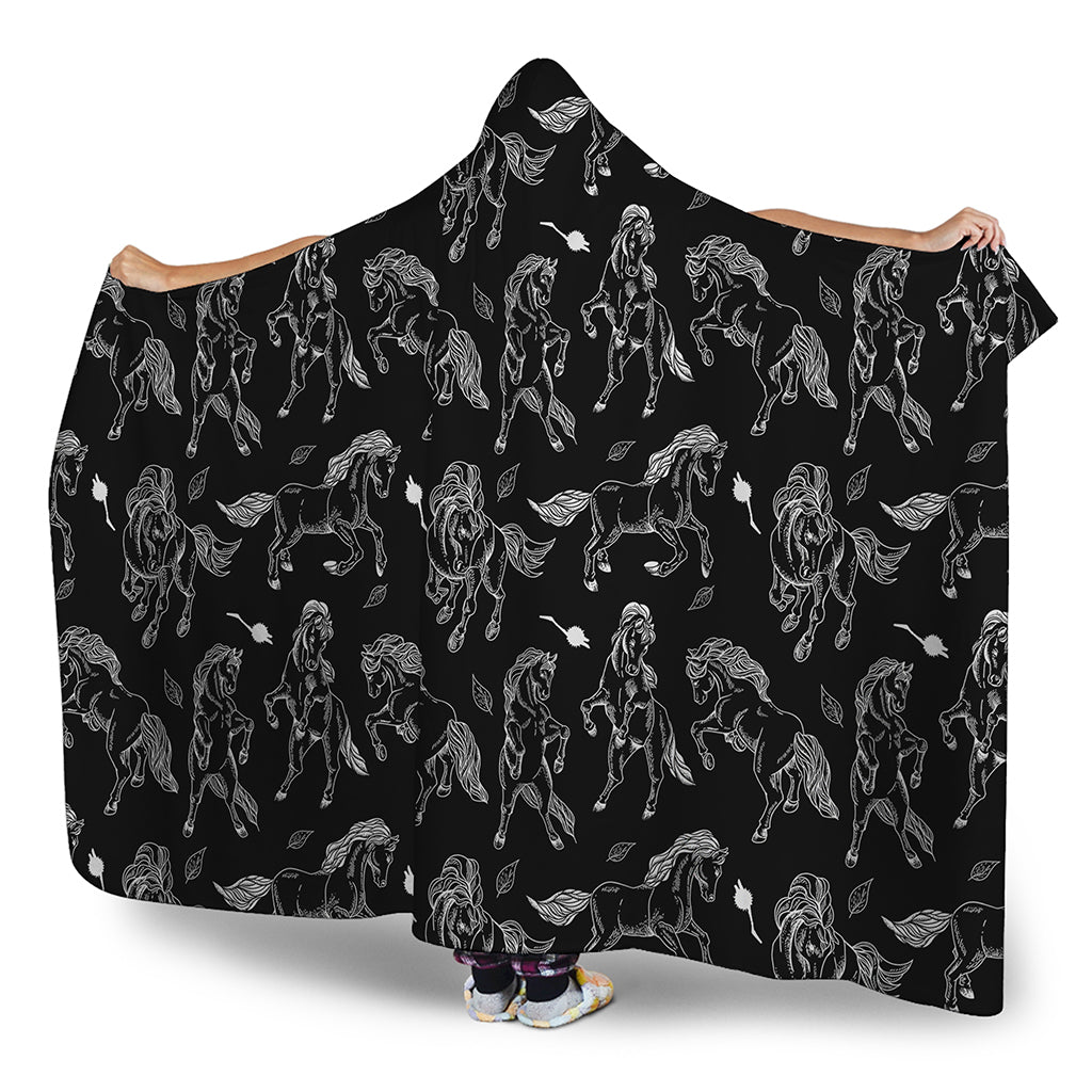 Black And White Horse Pattern Print Hooded Blanket