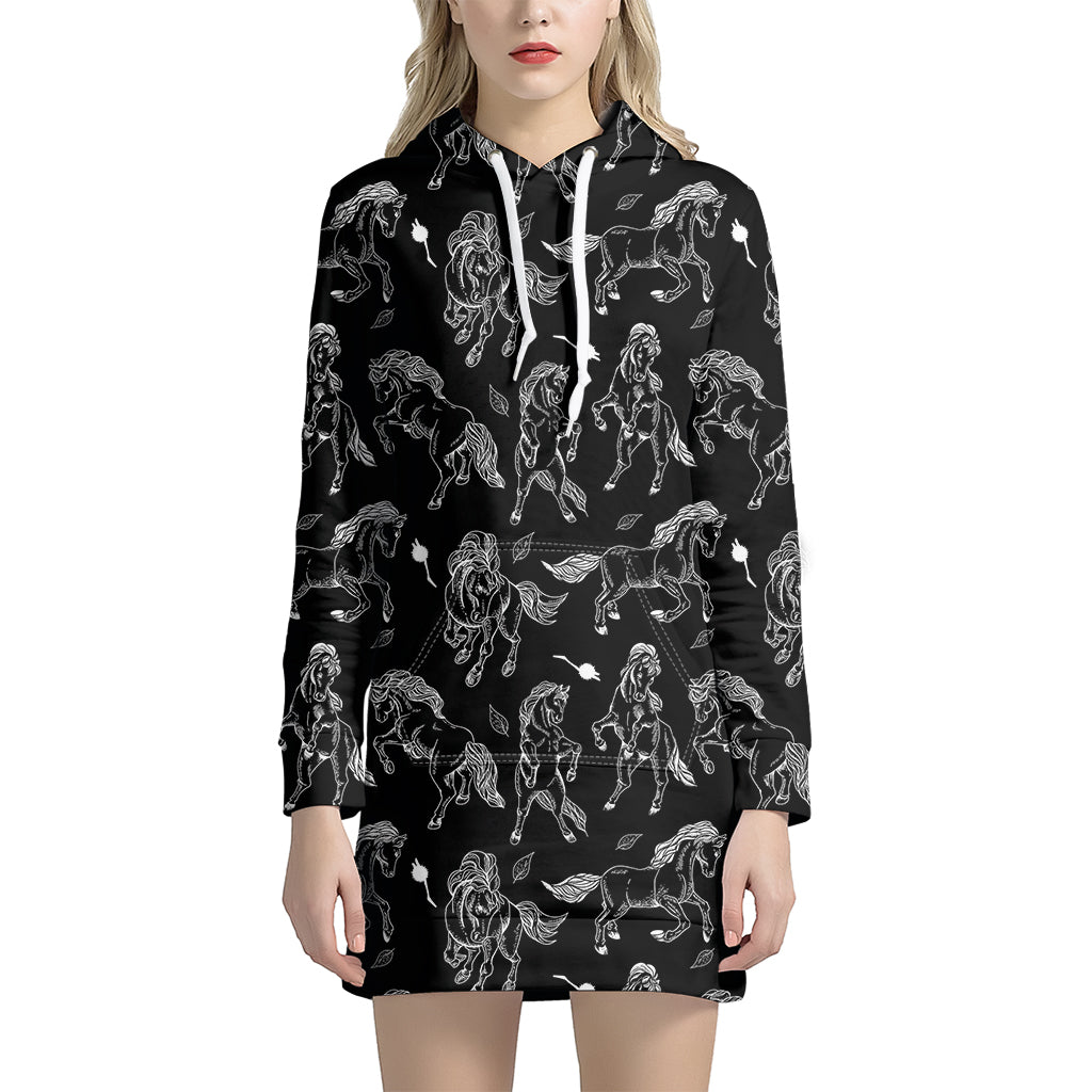 Black And White Horse Pattern Print Hoodie Dress