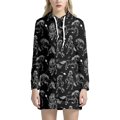 Black And White Horse Pattern Print Hoodie Dress