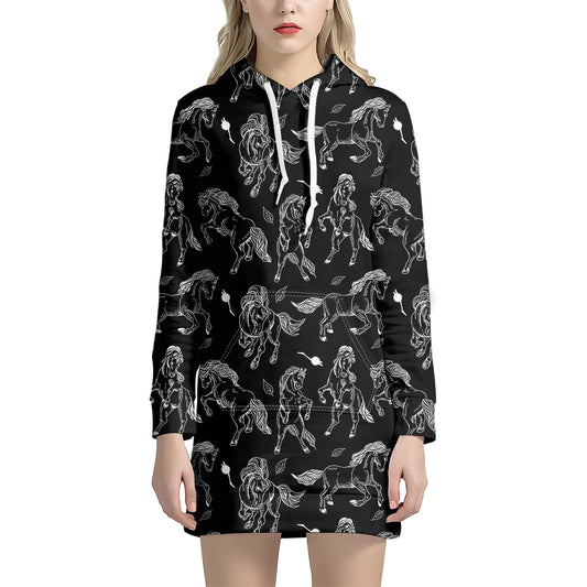 Black And White Horse Pattern Print Hoodie Dress