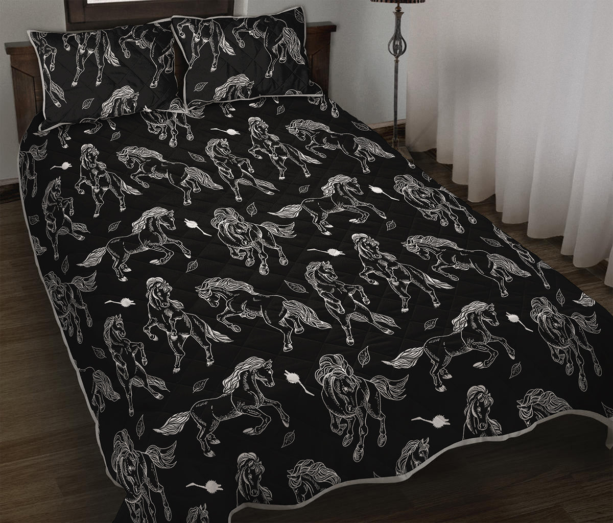 Black And White Horse Pattern Print Quilt Bed Set
