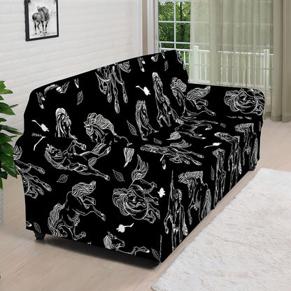 Black And White Horse Pattern Print Sofa Cover