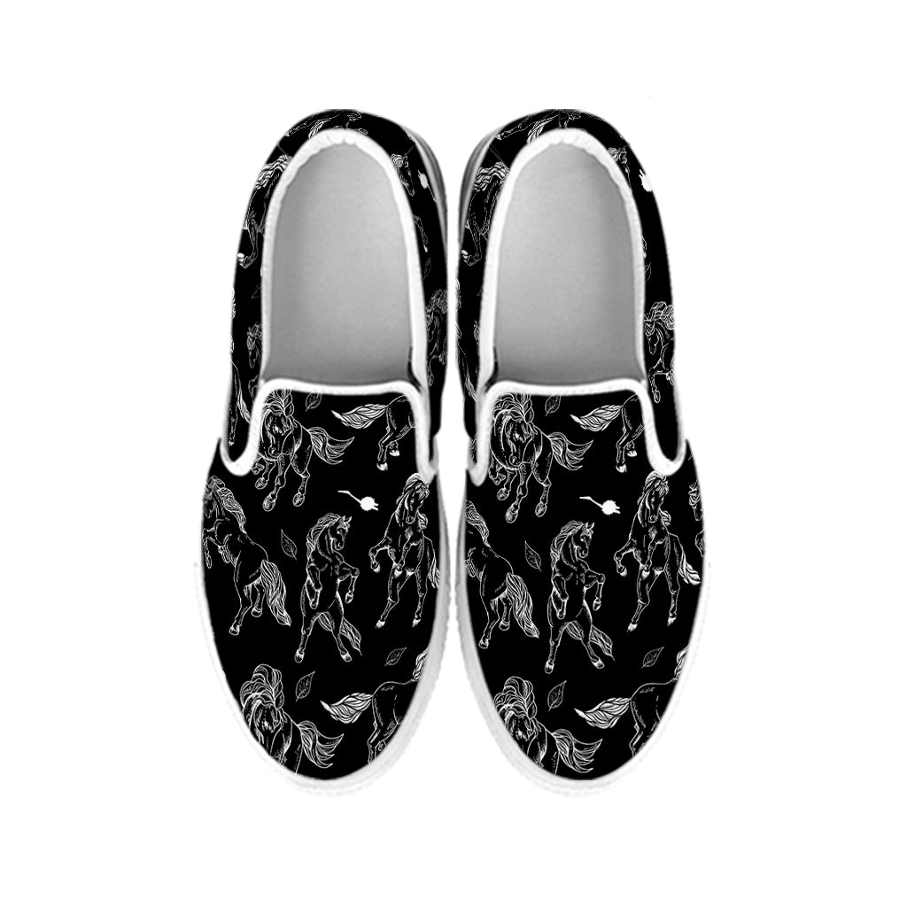 Black And White Horse Pattern Print White Slip On Shoes