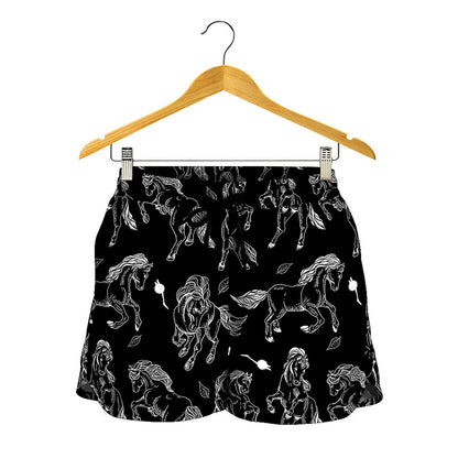 Black And White Horse Pattern Print Women's Shorts