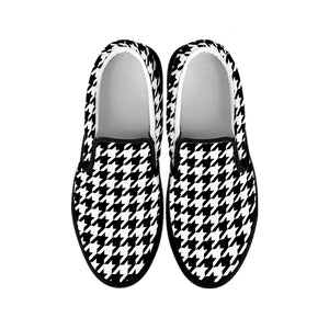 Black And White Houndstooth Print Black Slip On Shoes