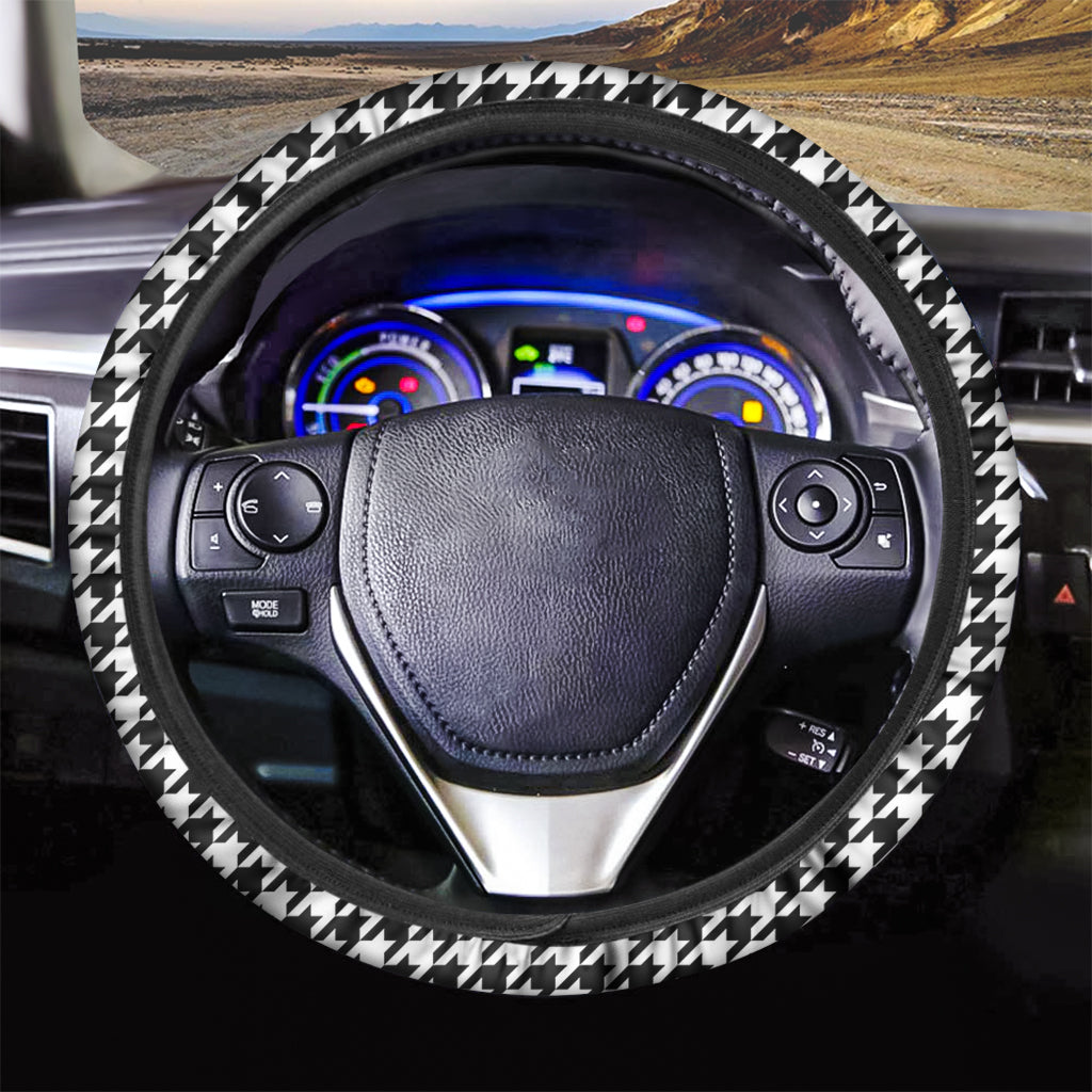 Black And White Houndstooth Print Car Steering Wheel Cover
