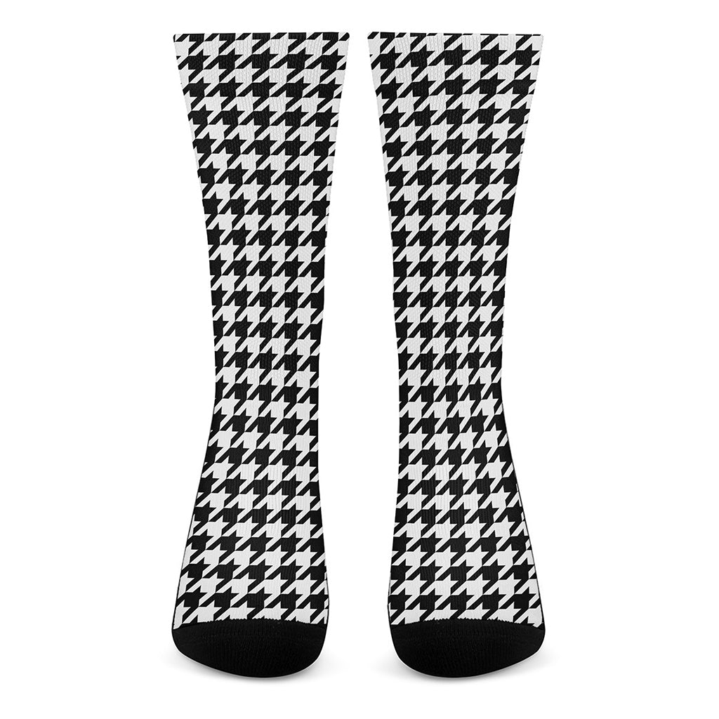 Black And White Houndstooth Print Crew Socks