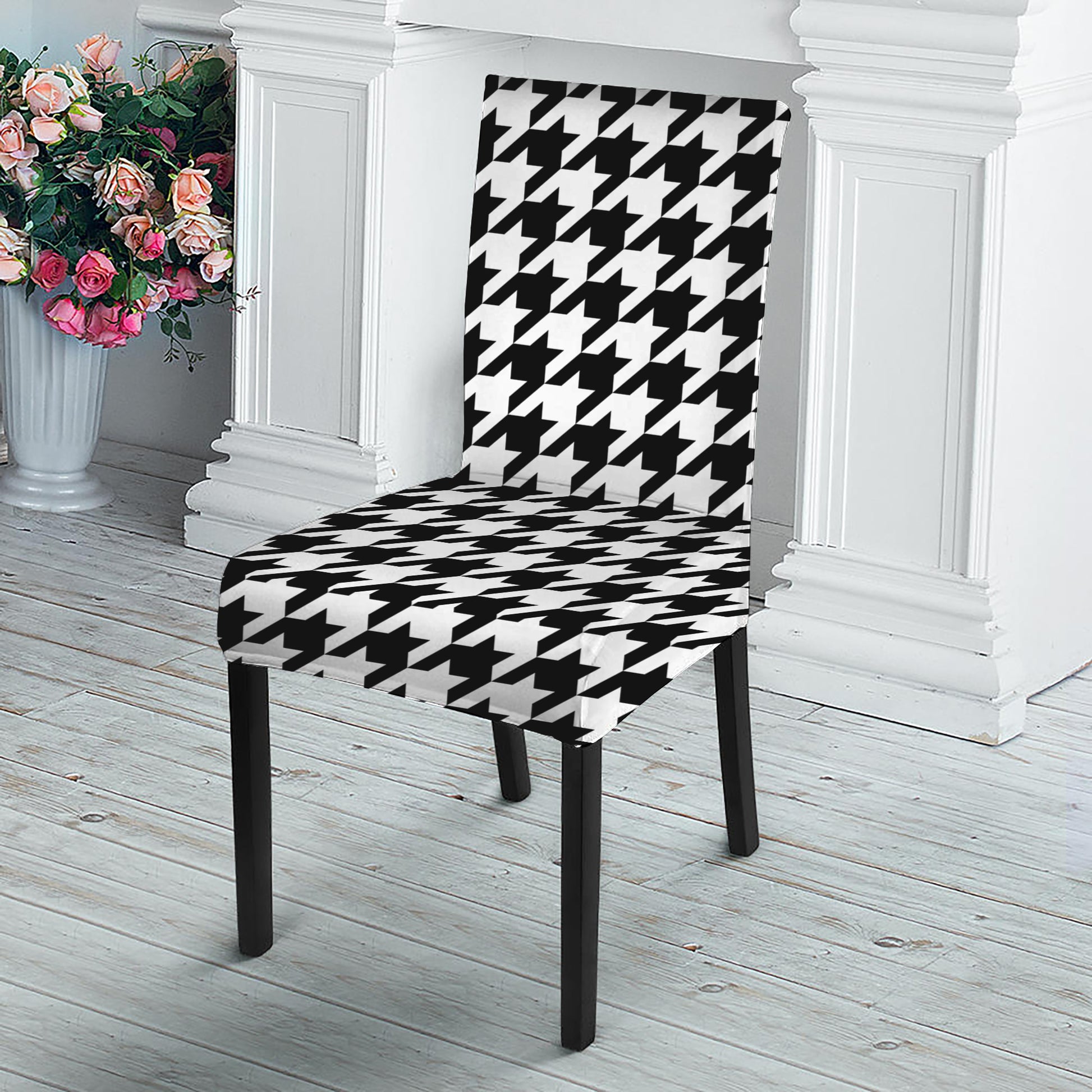 Black And White Houndstooth Print Dining Chair Slipcover