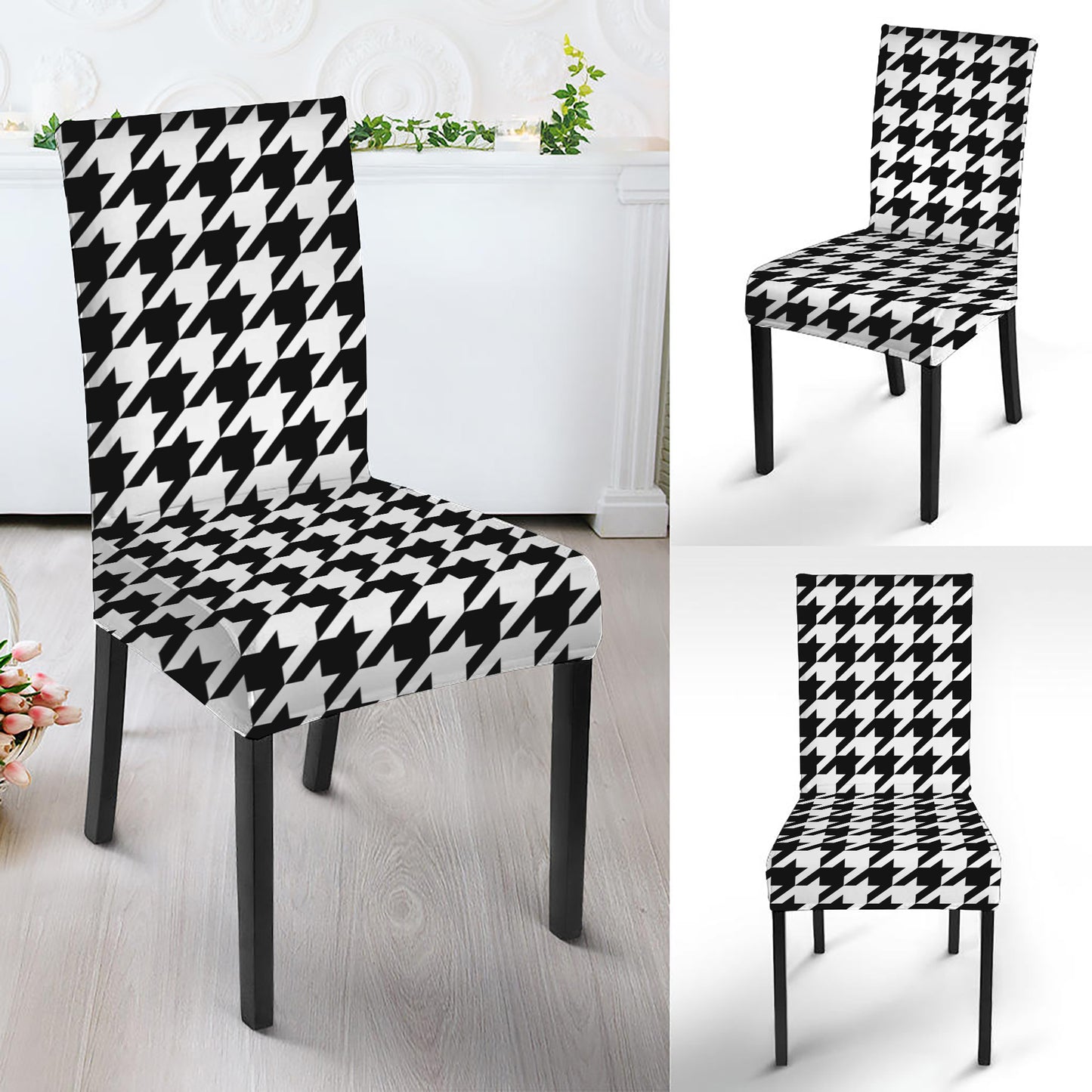 Black And White Houndstooth Print Dining Chair Slipcover