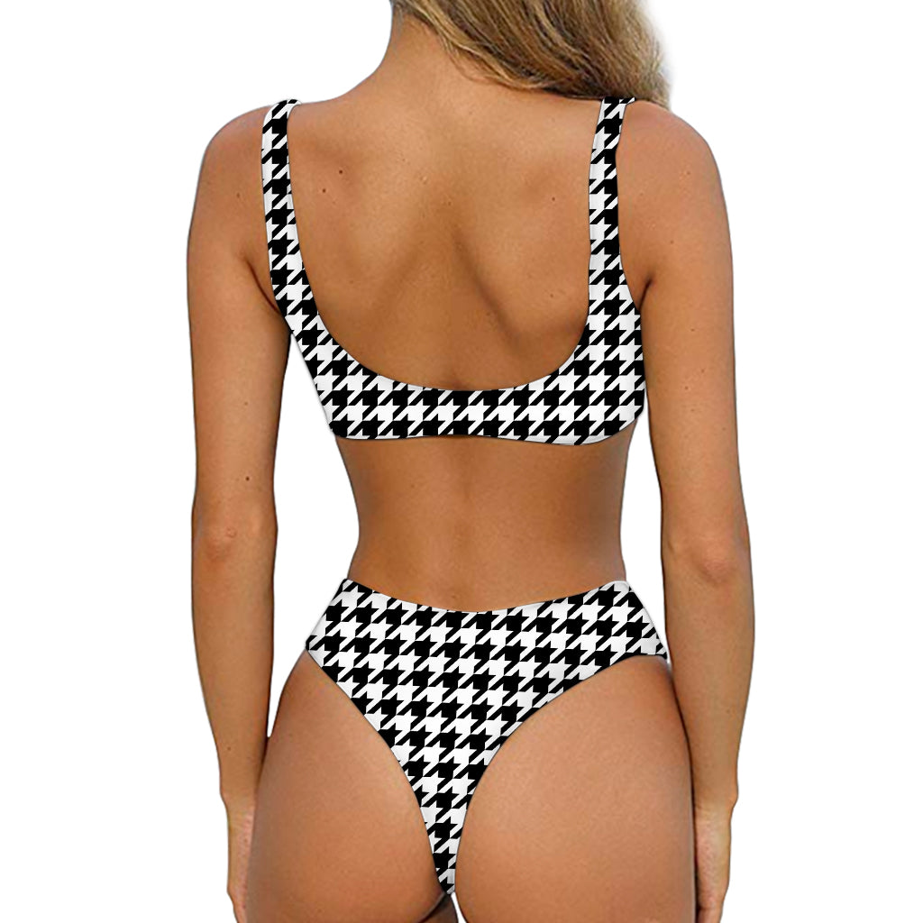 Black And White Houndstooth Print Front Bow Tie Bikini