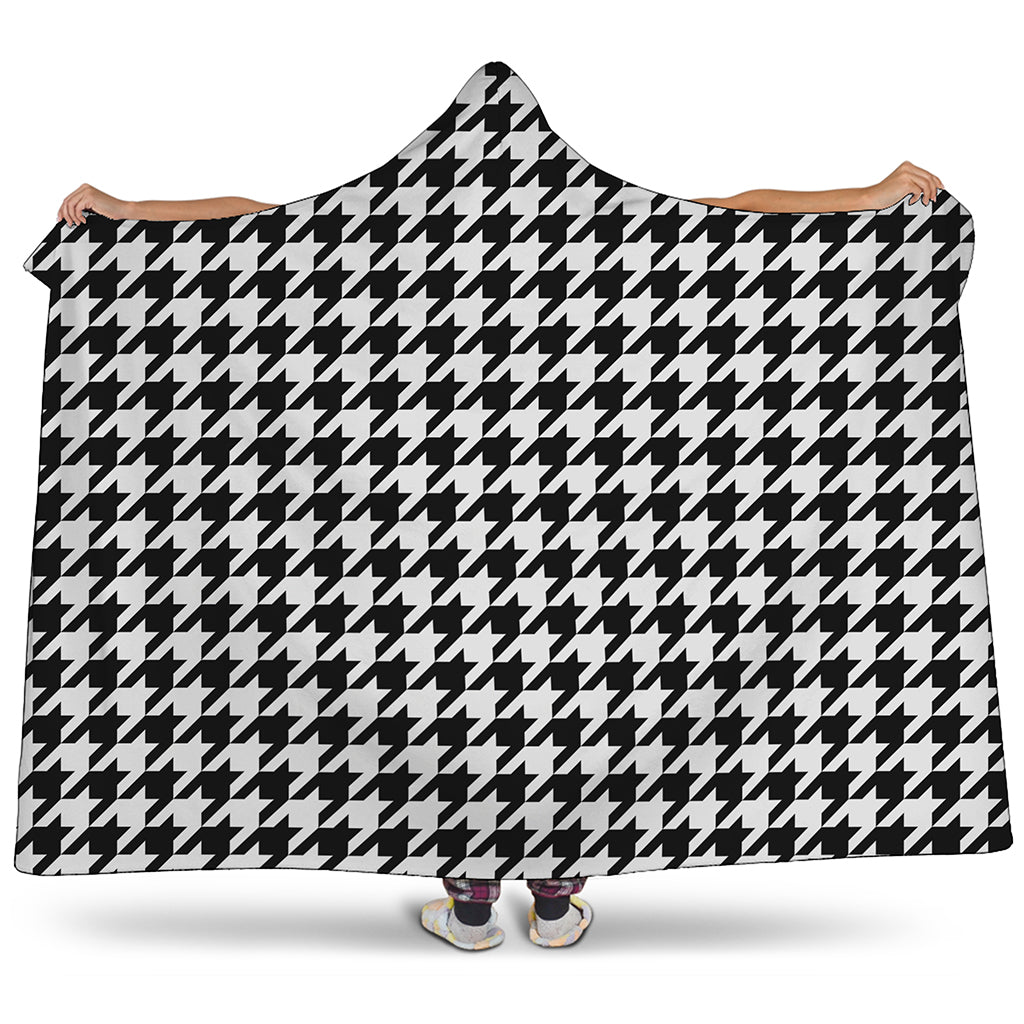Black And White Houndstooth Print Hooded Blanket