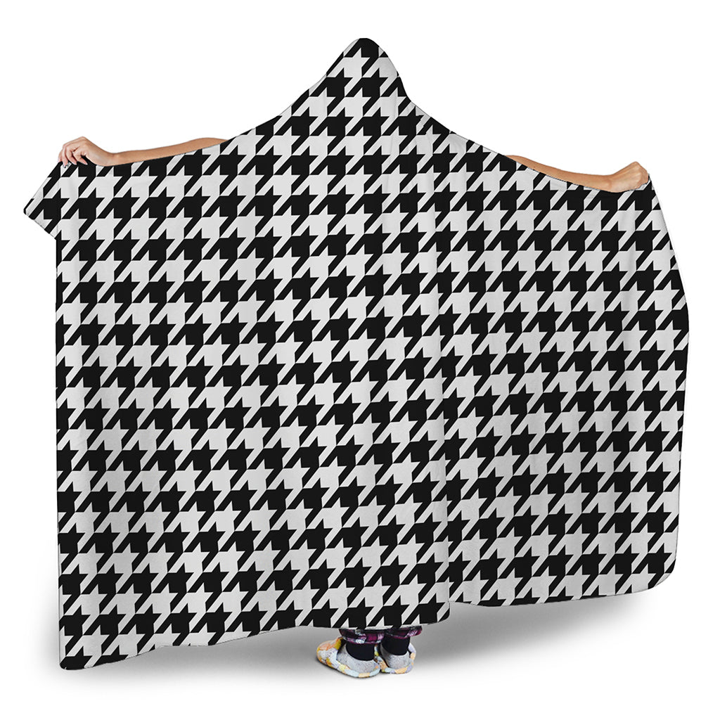 Black And White Houndstooth Print Hooded Blanket