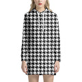 Black And White Houndstooth Print Pullover Hoodie Dress